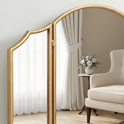 Besdomus Gold Scalloped Vanity Mirror: 36"x24" Three Sided Dresser Miror | Modern Minimalist Wood Frame Arched 3 Way Trifold Mirror for Bedroom/Cloakroom/Dressing Room/Wall - Home Decor for Housewife