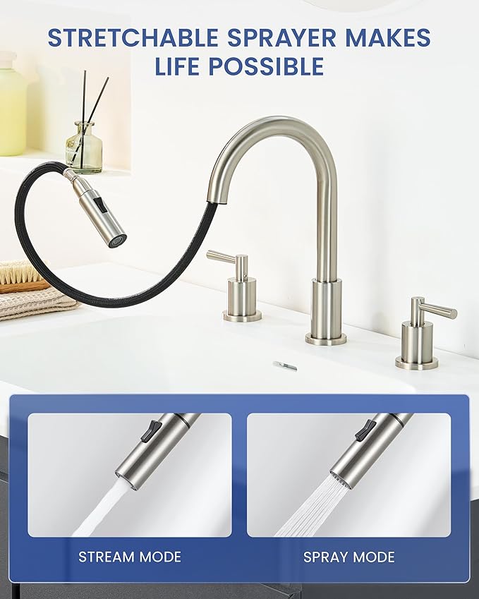 Bathroom Faucet 3 Holes - Brushed Nickel Bathroom Faucet with Sprayer - Widespread Sink Faucets 2 Handles - Pull Down Vanity Faucets with Pop Up Drain and Supply Lines