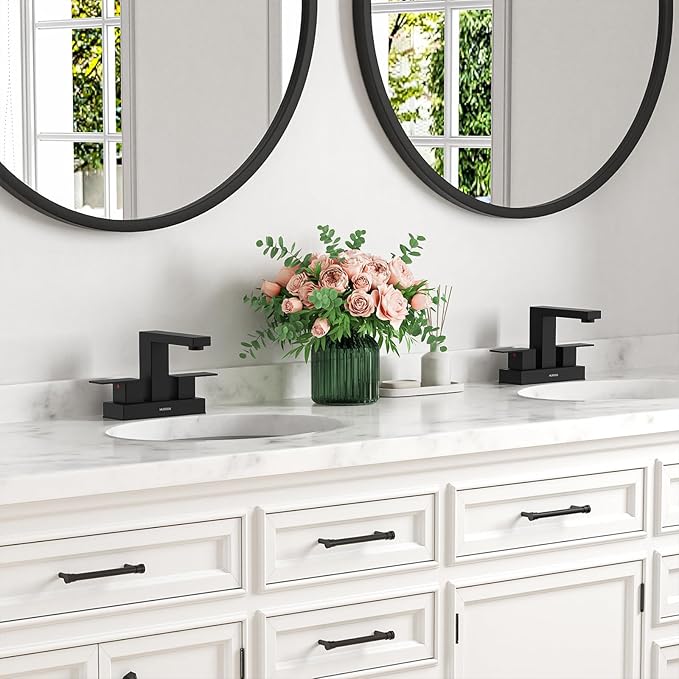 Matte Black Bathroom Sink Faucet, Hurran 4 inch Bathroom Faucets for Sink 3 Hole with Pop-up Drain and Supply Lines, Stainless Steel 2-Handle Faucet for Vanity RV Restroom, 2 Pack