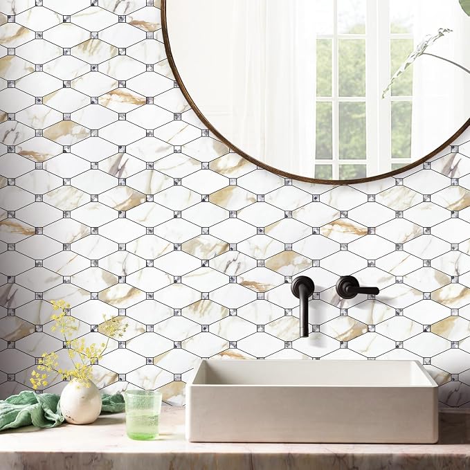 STICKGOO 10 Sheets Peel and Stick Backsplash, Calacatta Golden Stick on Mosaic Tiles for Kitchen Wall Decor, Self Adhesive Long Hexagon PVC Tile Kitchen Backsplash