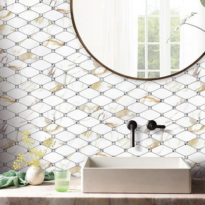 STICKGOO 10 Sheets Peel and Stick Backsplash, Calacatta Golden Stick on Mosaic Tiles for Kitchen Wall Decor, Self Adhesive Long Hexagon PVC Tile Kitchen Backsplash