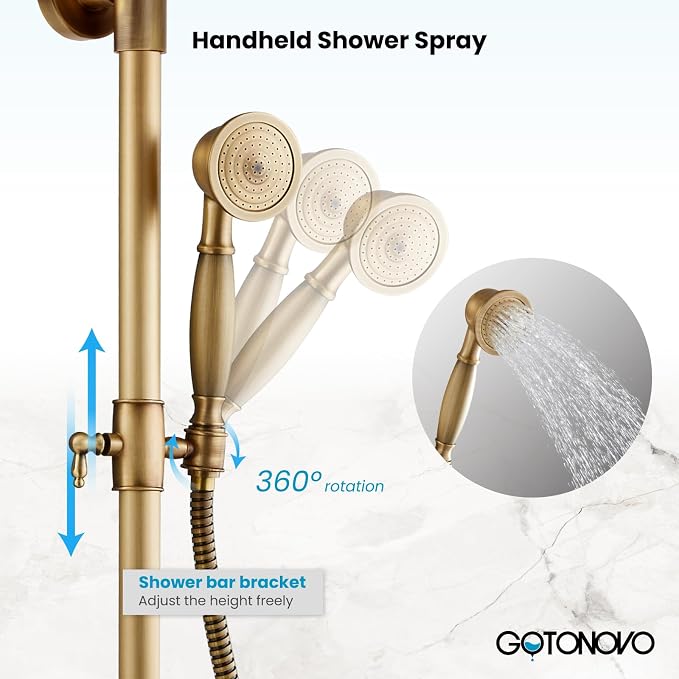 gotonovo Exposed Shower System with Shelf 2 Cross Handle Antique Brass | Bathroom Brass Shower Faucet Set,8’’ Rainfall Head with Handheld Sprayer,SUS304 Shelf,6’’ Hole Distance,Adjustable Height