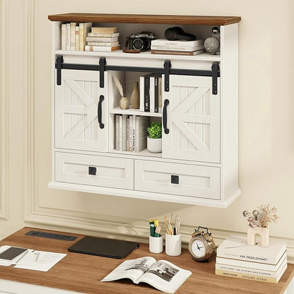 Vabches Bathroom Wall Cabinet, Farmhouse Medicine Cabinet with Double Sliding Barn Door and Storage Drawer, Wooden Vintage Storage Cabinet Wall Mounted for Bathroom, Kitchen, Rustic White and Brown