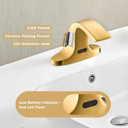 Touchless Bathroom Sink Faucet, Automatic Sensor Faucet for 3 Hole, Waterfall Spout, Brass, Gold Finish