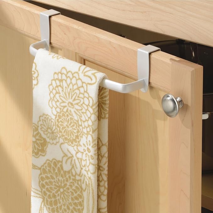 mDesign Steel Metal Wire Over Cabinet Towel Rack Storage Organizer - Hang on Cabinet or Door - Towel Bar Holder for Kitchen - Holds Hand Towels, Washcloths - Spira Collection - White