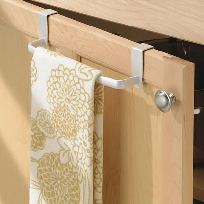 mDesign Steel Metal Wire Over Cabinet Towel Rack Storage Organizer - Hang on Cabinet or Door - Towel Bar Holder for Kitchen - Holds Hand Towels, Washcloths - Spira Collection - White