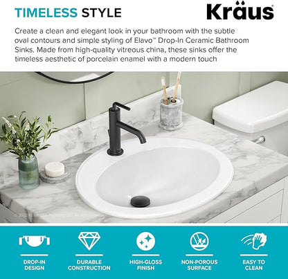 KRAUS Elavo 22 in. Oval Porcelain Ceramic Self-Rimming Drop In Bathroom Sink in White with Overflow Drain, KCT-101
