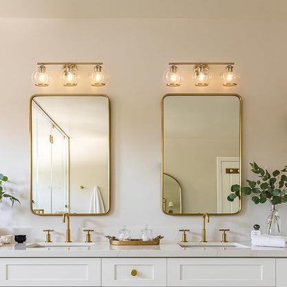 Brushed Gold Bathroom Vanity Light Over Mirror, 3 Light Bathroom Light Fixtures with Clear Globe Glass Shade, Modern Vanity Lighting Wall Mounted