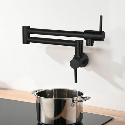 Pot Filler Faucets with Brass Wall Mount Double Joint Swing Arms for Kitchen, Sink, Stove and Bar - Leak Free Designs with High-Flow Aerators - Retractable & Folding for Space Saving - Matte Black
