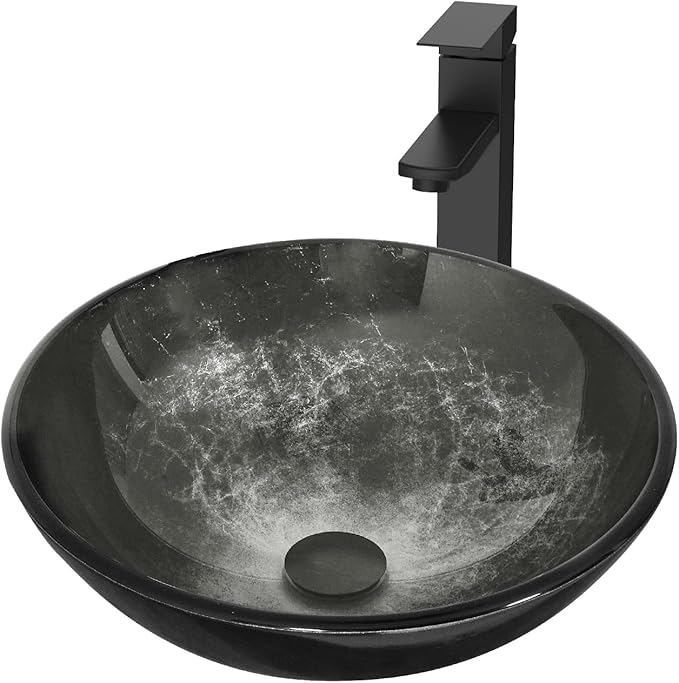Bathroom Artistic Vessel Sink, Tempered Glass Vanity Round Bowl, Black | Black Faucet, Pop Up Drain, Above Counter, Easy Clean