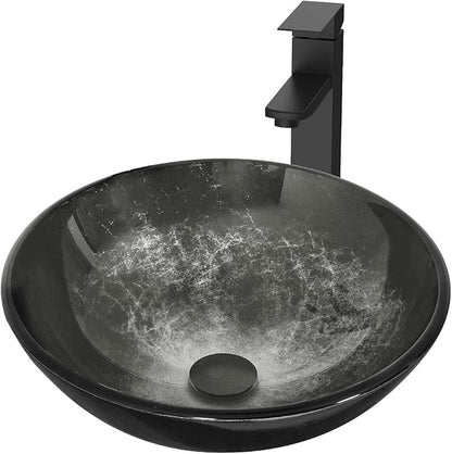 Bathroom Artistic Vessel Sink, Tempered Glass Vanity Round Bowl, Black | Black Faucet, Pop Up Drain, Above Counter, Easy Clean