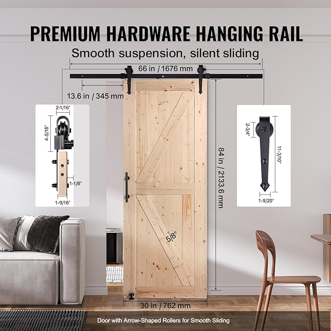 VEVOR 30in x 84in Sliding Barn Door with 5ft Barn Door Hardware Kit Included & Handle, Water-Proof Solid Wood, Easy Assembly, for Interior Rooms & Storage Closet, K-Frame, DIY, Stainable, Natural