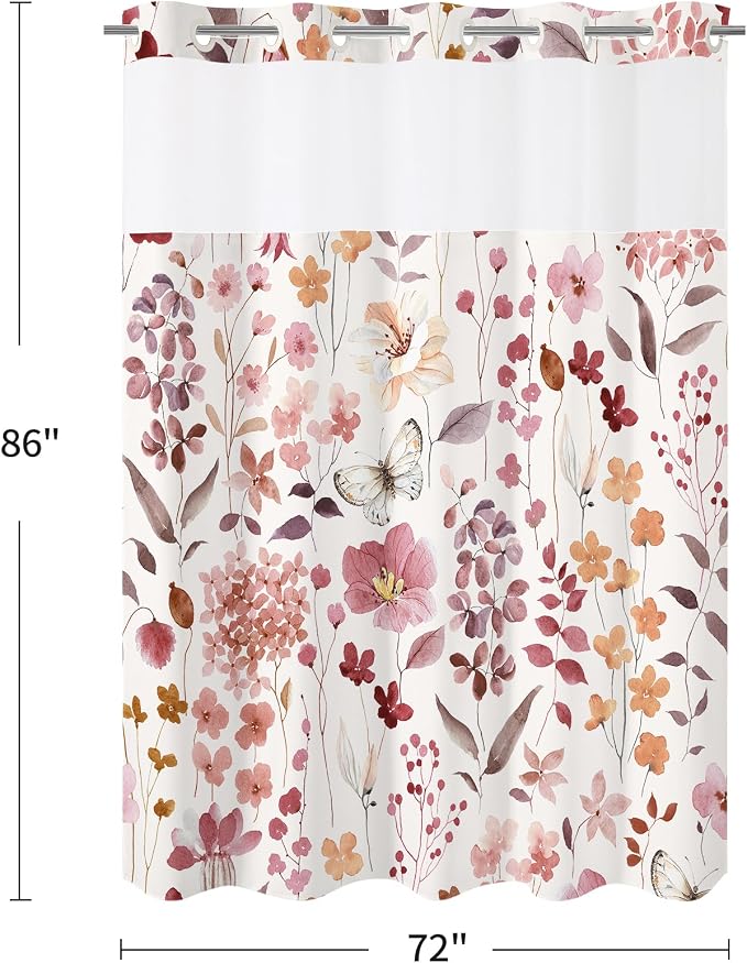 No Hook Burgundy Watercolor Floral Shower Curtain and Liner Set, 72x86 | Spring Flower Shower Curtains with Snap-in Liner for Farmhouse Bathroom Decor, Botanical Bathroom Curtain with Leaves