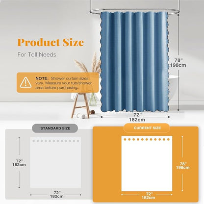 BTTN 72x78 Boho Scalloped Linen Textured Shower Curtain Set, MoonlightBlue | Long Size, 230GSM Waterproof Polyester, Heavy Duty Fabric, 12 Plastic Hooks, Elegant Modern Farmhouse Style, Machine Washable