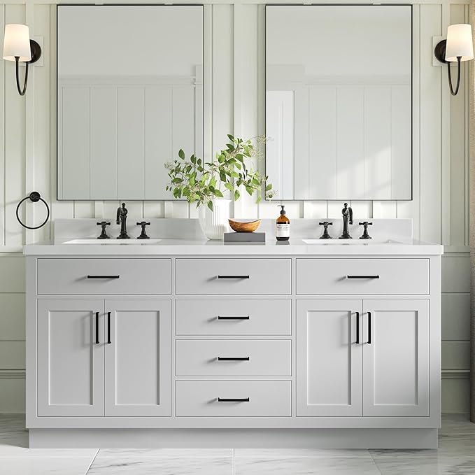 ARIEL Hepburn 72-inch Bathroom Vanity with Sink,Solid Wood, 1.5-inch Pure White Quartz Countertop & Backsplash, Double Rectangular Porcelain Sink, 4 Soft Closing Doors, 6 Dovetail Drawers, Grey