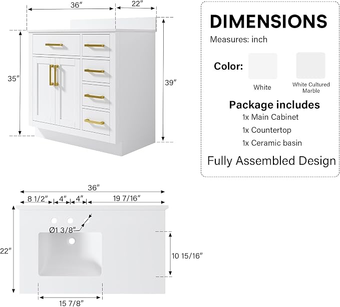 36-Inch Bathroom Vanity with Sink W/ 2 Doors & 4 Drawers & 1 Flip Drawer, White Vanity W/Brushed Gold Handles