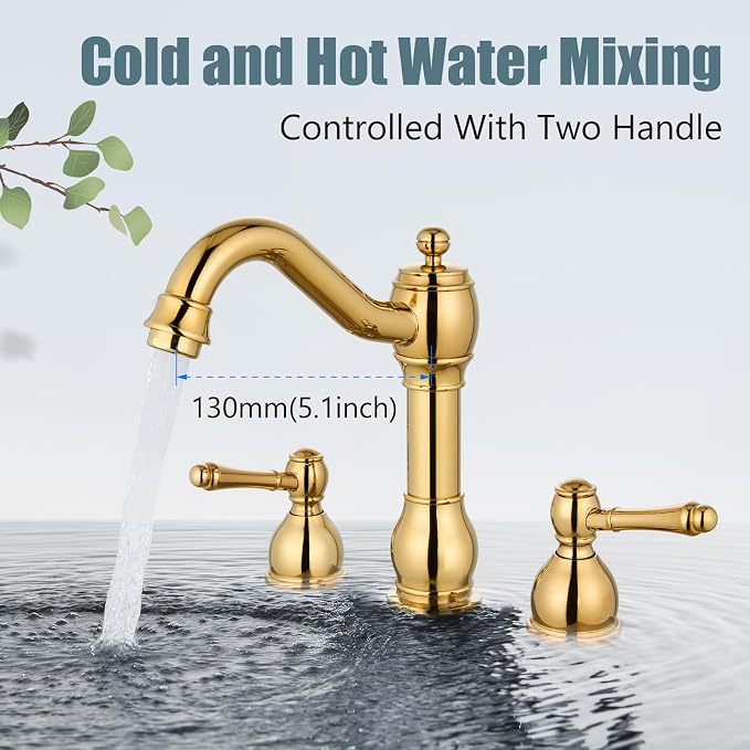 Widespread Bathroom Sink Faucet 3 Hole Metal Lever Polish Gold | Vintage Brass Sink Faucet,2 Handle,Pop Up Drain,cUPC Hose,for 8 Inch,6-16″Centerset Basin,Farmhouse,RV,Vanity,Lavatory