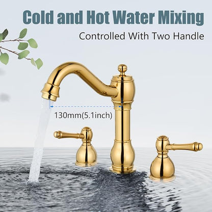 Widespread Bathroom Sink Faucet 3 Hole Metal Lever Polish Gold | Vintage Brass Sink Faucet,2 Handle,Pop Up Drain,cUPC Hose,for 8 Inch,6-16″Centerset Basin,Farmhouse,RV,Vanity,Lavatory