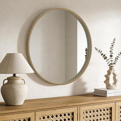 Round Wood Mirror, 32" Round Modern Decoration Large Circle Wall Mirror for Bathroom Living Room Bedroom Entryway, Honey