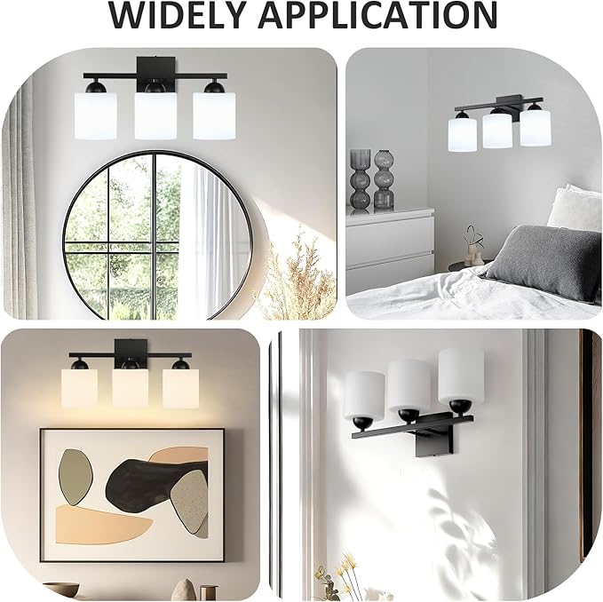 3-Light Matte Black Bathroom Vanity Light, Modern Bathroom Light Fixtures Over Mirror, Farmhouse Wall Sconce with Milky White Glass Shades, E26 Socket