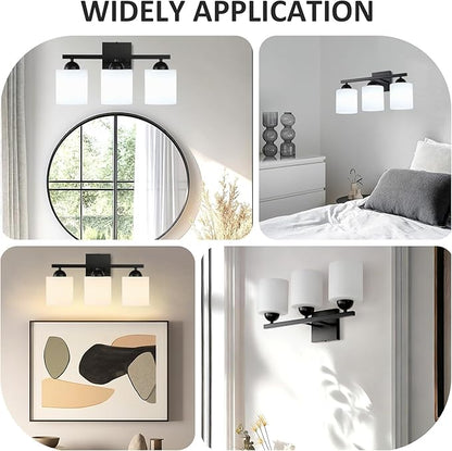 3-Light Matte Black Bathroom Vanity Light, Modern Bathroom Light Fixtures Over Mirror, Farmhouse Wall Sconce with Milky White Glass Shades, E26 Socket