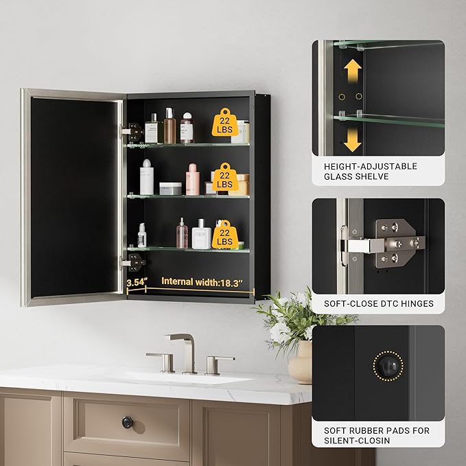 20''x 26'' Brushed Nickel Medicine Cabinet, Recessed or Surface Framed Medicine Cabinet with Beveled Mirror Pre-Assembled, Reversible Bathroom Storage Vanity Cabinet with Adjustable Shelves