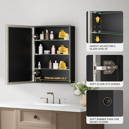 20''x 26'' Brushed Nickel Medicine Cabinet, Recessed or Surface Framed Medicine Cabinet with Beveled Mirror Pre-Assembled, Reversible Bathroom Storage Vanity Cabinet with Adjustable Shelves