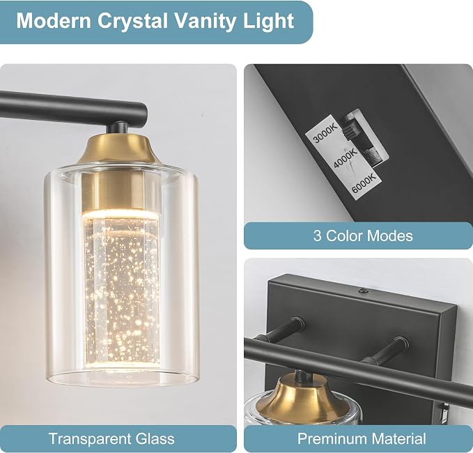 3-Light Black & Gold Bathroom Vanity Light with 3 Color Modes (3000K/4000K/6000K), Dimmable Modern Wall Light Over Mirror with Clear Glass Shade