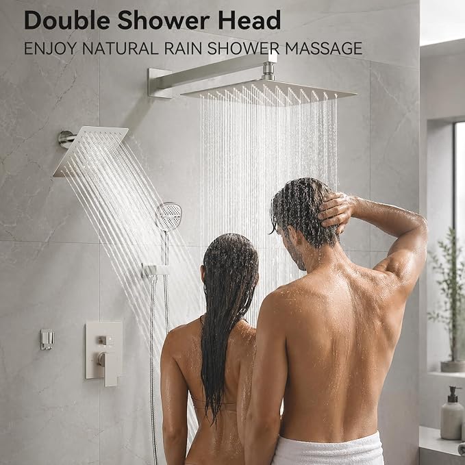 Shower System Brushed Nickel Shower Faucet Set, Dual Head Shower Set STARBATH 12'' +6'' Wall Mount Rainfall Shower Systems with Multifunctional Filtered Handheld Sprayer for Two Person