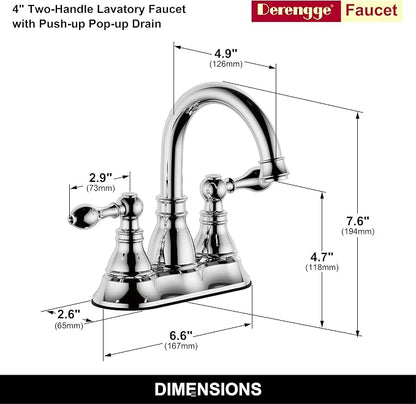 2 Handle Polished Chrome Bathroom Sink Faucet 3 Hole with Overflow Pop up Drain,4 Inch Centerset Bathroom Faucet, 360° Swivel Spout Lavatory Faucet,F-4501-CP