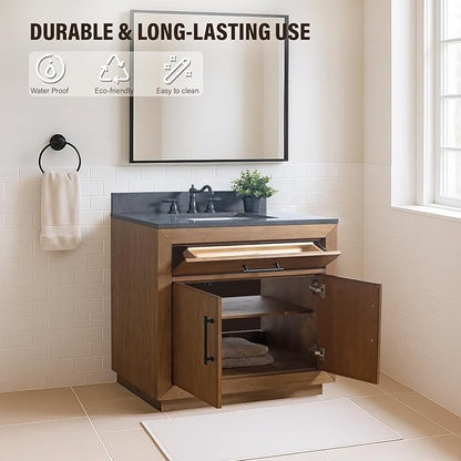 HOMEBEYOND 36" Bathroom Vanity with Single Sink & Ceramic Top, MDF Material Vanity Cabinet with Basin Combo, Soft-Closing Doors, Removable Shelf, Backsplash, Tan