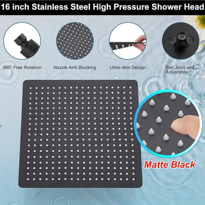 Midanya Shower Faucet Set with Handheld Sprayer,16 Inch,Matte Black | Rough-in Shower Valve and Trim Kit Included,Square Rain Head,Wall Mount Shower System,All Metal,Bathroom