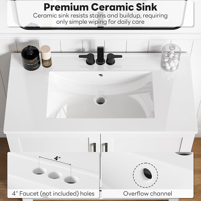 LIKIMIO 36" Bathroom Vanity with Sink, 1 Soft-Close Drawer & 2 Doors, White | Freestanding Bathroom Vanity, Integrated Ceramic Sink, Modern Bathroom Storage Cabinet, Easy Assembly