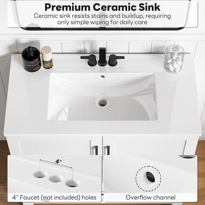 LIKIMIO 36" Bathroom Vanity with Sink, 1 Soft-Close Drawer & 2 Doors, White | Freestanding Bathroom Vanity, Integrated Ceramic Sink, Modern Bathroom Storage Cabinet, Easy Assembly