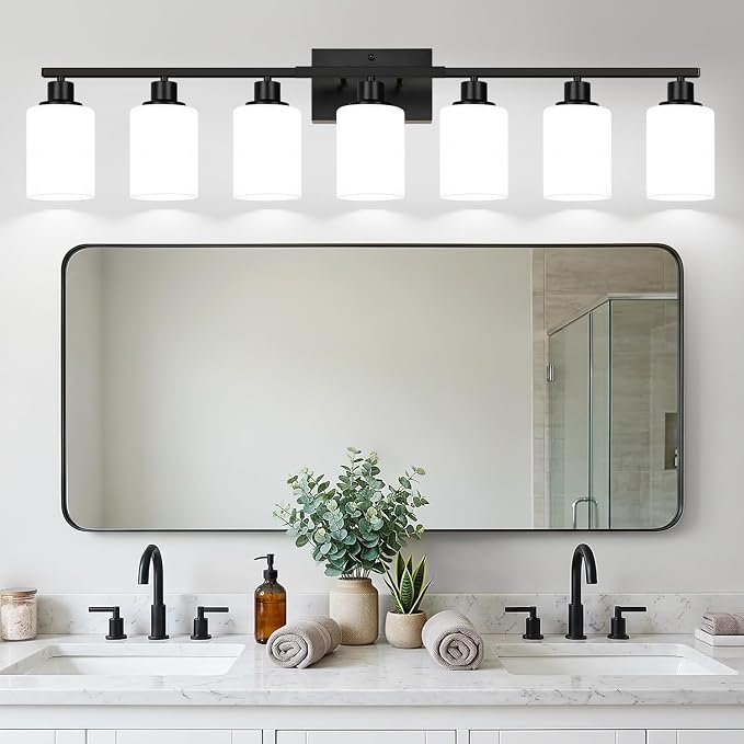 Indoi 7-Light Bathroom Light Fixtures, Matte Black Modern Vanity Lights with Milky White Shades, Bathroom Wall Lamp for Mirror Living Room Cabinet Bedroom Porch