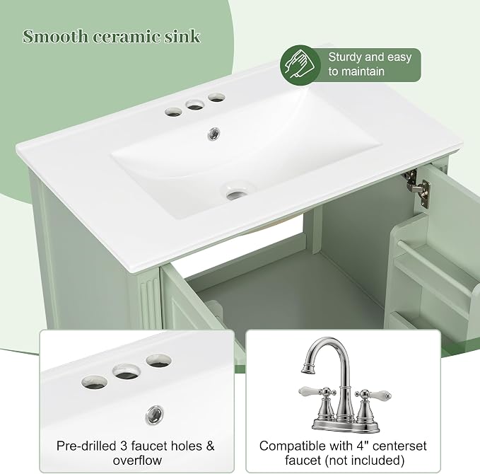 Merax 30 Inch Bathroom Vanities with Undermount Sink, Vanity Cabinet with Door Rack Shelf, Multi-Functional Drawer with Dividers, Soft Closing Doors, Green