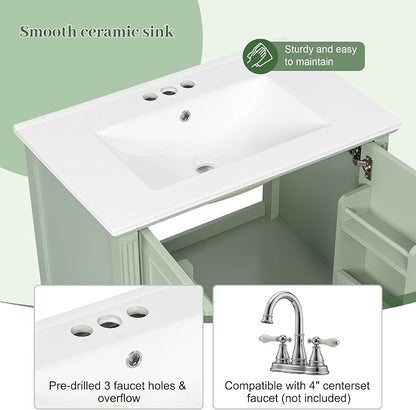 Merax 30 Inch Bathroom Vanities with Undermount Sink, Vanity Cabinet with Door Rack Shelf, Multi-Functional Drawer with Dividers, Soft Closing Doors, Green