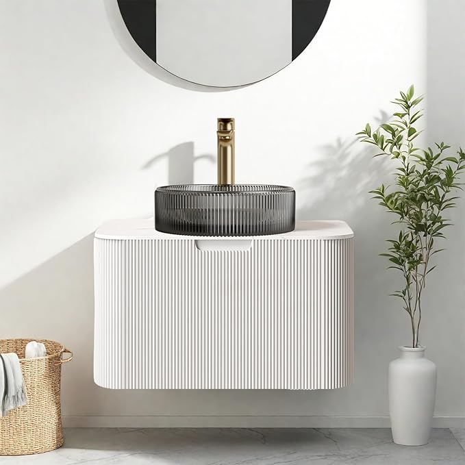 24" Floating Bathroom Vanity with Sink, Modern Bathroom Cabinet with Ultra-Thin Transparent Black Glass Basin and Marble Top, Soft-Close Extra Large Storage Drawer, Pre-Assembled, White