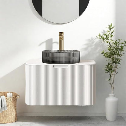 24" Floating Bathroom Vanity with Sink, Modern Bathroom Cabinet with Ultra-Thin Transparent Black Glass Basin and Marble Top, Soft-Close Extra Large Storage Drawer, Pre-Assembled, White