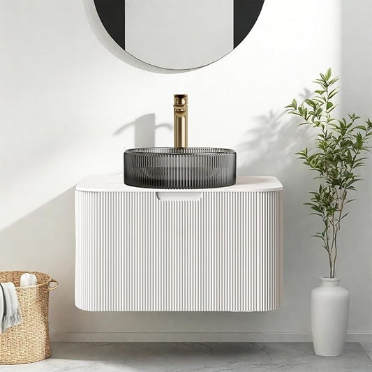 24" Floating Bathroom Vanity with Sink, Modern Bathroom Cabinet with Ultra-Thin Transparent Black Glass Basin and Marble Top, Soft-Close Extra Large Storage Drawer, Pre-Assembled, White