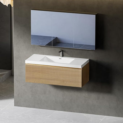 36'' Floating Bathroom Vanity with Sink Combo, Modern Wall-Mounted Striped Bathroom Storage Cabinet with Soft-Close Drawer and Glossy White Solid Surface Basin, No Assembly Required, Natural Oak
