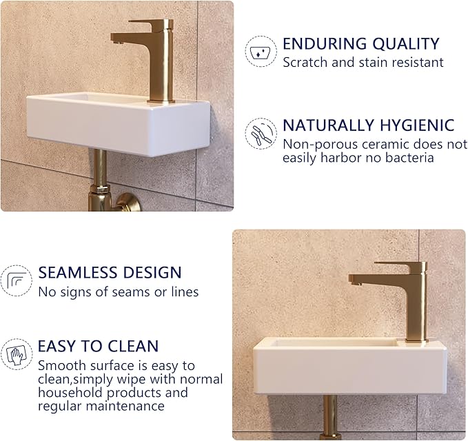 DeerValley DV-1V081RA Wall Mount Sink, Mini Rectangle Bathroom Sink, Small Bathroom Cloakroom White Ceramic Wash Basin without Overflow(Right Hand)