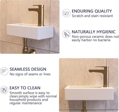 DeerValley DV-1V081RA Wall Mount Sink, Mini Rectangle Bathroom Sink, Small Bathroom Cloakroom White Ceramic Wash Basin without Overflow(Right Hand)