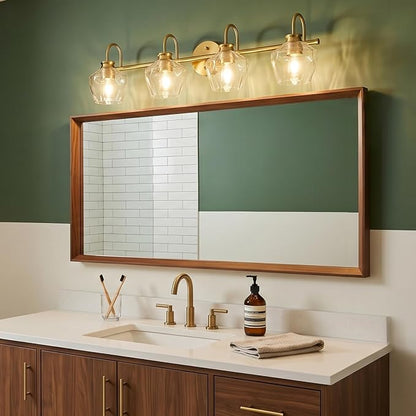 Brushed Gold Vanity Light, 4 Light Bathroom Light Fixtures with Clear Diamond-Shape Hammered Glass, Brass Vintage Ripple Wall Lights for Hallway, Bedroom, Anti-Rust, E26 Base (No Bulbs)