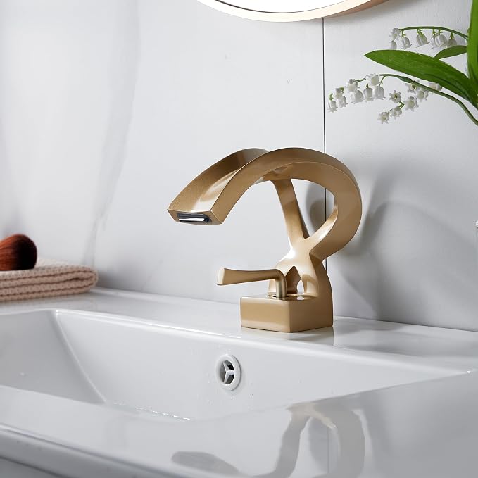Bathroom Sink Faucet Waterfall Champagne Gold Creative Hollowed Body | One Hole Single Handle Elegant Antique Design Faucet Vanity Basin Deck Mount Lavatory Brass