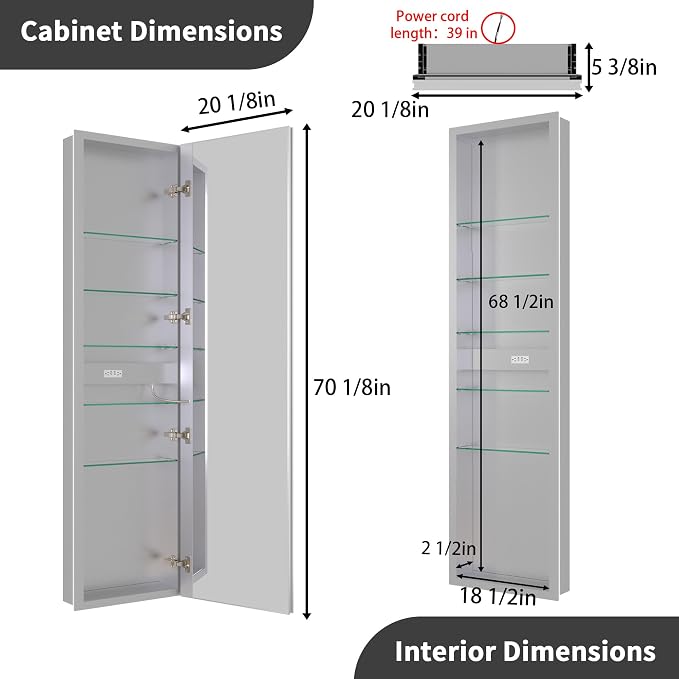 20 X 70 Full Body Lighted Medicine Cabinet with Mirror with Dimmable Front&Backlit, Outlets, Sensor Light, 5 Adjustable Shelves, Surface/Recessed Mounted Aluminum LED Medicine Cabinet for Bathroom