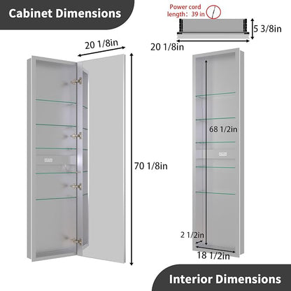 20 X 70 Full Body Lighted Medicine Cabinet with Mirror with Dimmable Front&Backlit, Outlets, Sensor Light, 5 Adjustable Shelves, Surface/Recessed Mounted Aluminum LED Medicine Cabinet for Bathroom