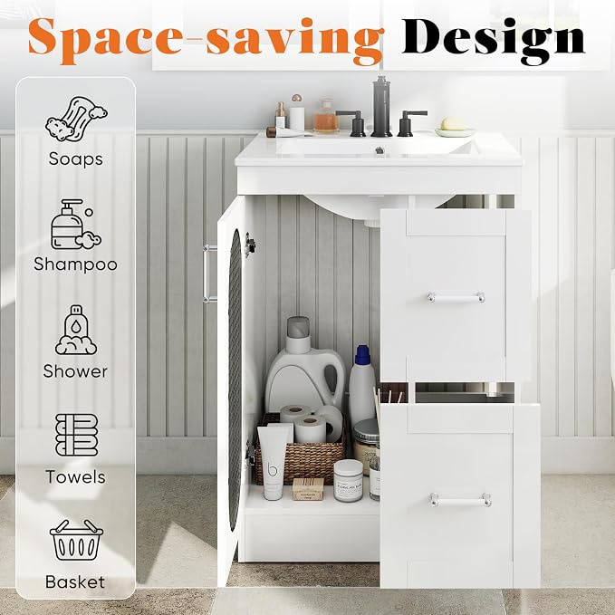 Sweetcrispy 24 Inch Bathroom Vanity with Sink, Bathroom Storage Cabinet | Modern Ceramic Basin Undermount 1-Door 2-Drawer Freestanding Combo Set, Ivory