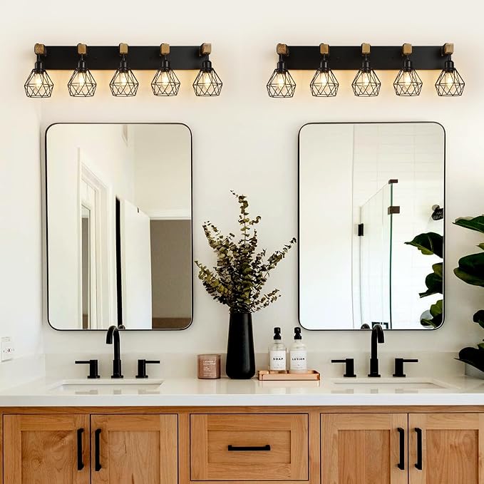 maesta 5 Light Bathroom Vanity Light, Farmhouse Black Fixture Over Mirror | Farmhouse Bathroom Light Fixtures, Wood & Metal, Anti-Rust, Easy to Install for Rustic Bathroom Hallway