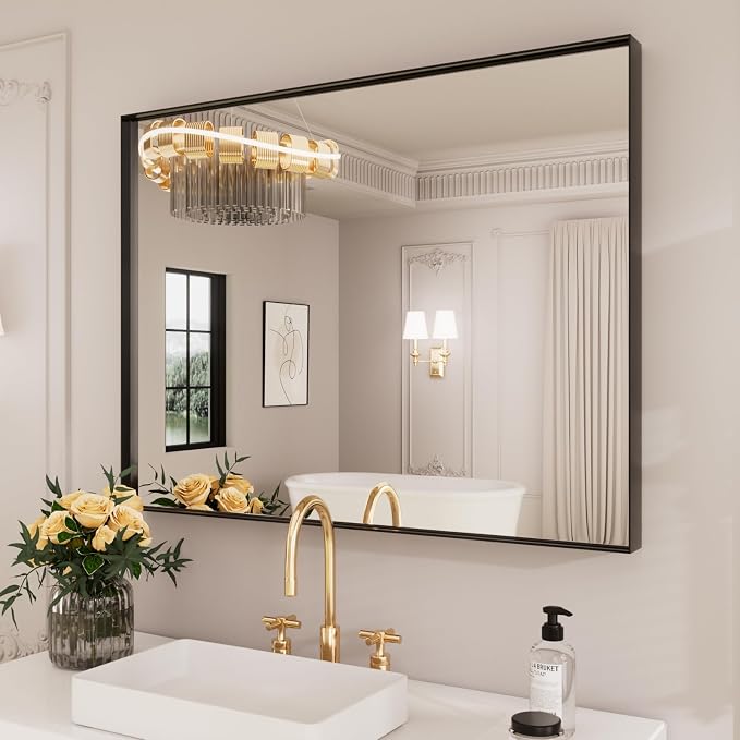 LOAAO Black Bathroom Mirror 30"X36" | Tempered Glass, Hangs Vertically or Horizontally, Easy to Install, Modern Design